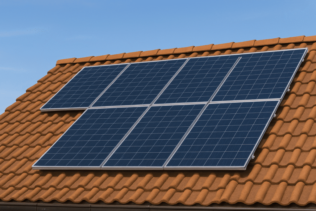 Solar panels installed on a terracotta tiled roof under a clear blue sky, representing a 3kW solar system in Pakistan.